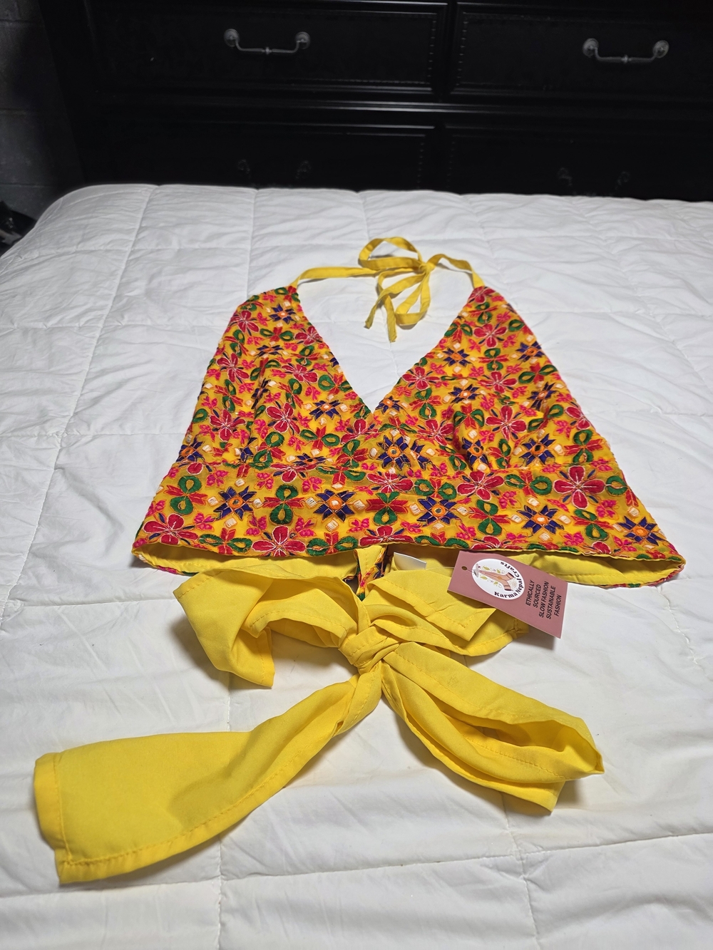 Yellow Floral Halter Crop Top with Tie Back